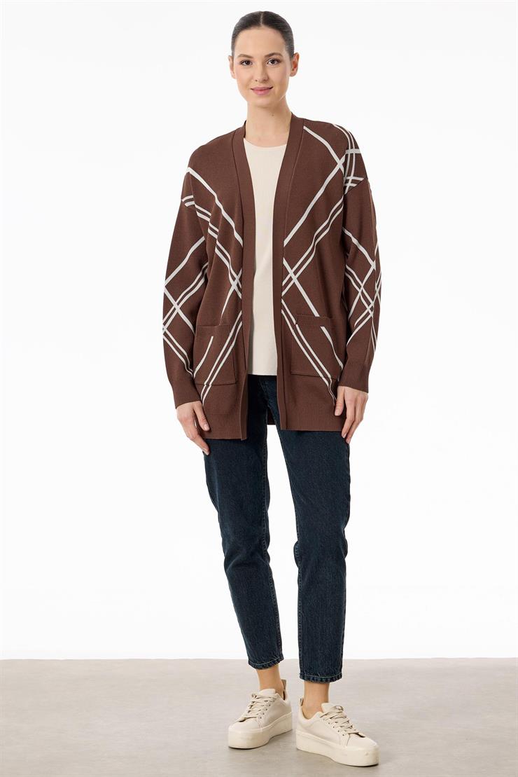 Cepli Verev Çizgili Rayon Hırka KAHVE EKRU