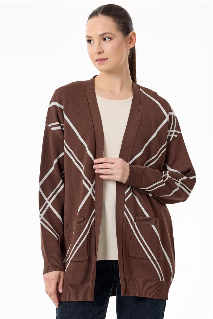 Cepli Verev Çizgili Rayon Hırka KAHVE EKRU