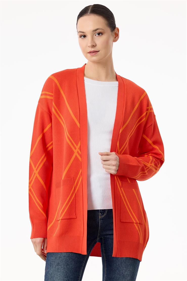 Cepli Verev Çizgili Rayon Hırka MERCAN ORANJ