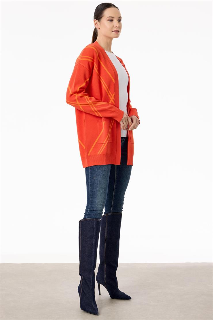 Cepli Verev Çizgili Rayon Hırka MERCAN ORANJ