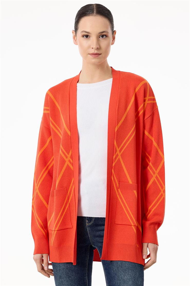 Cepli Verev Çizgili Rayon Hırka MERCAN ORANJ
