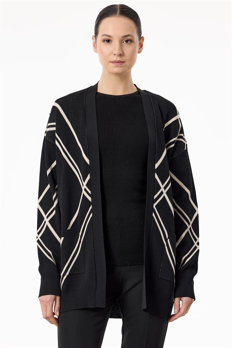 Cepli Verev Çizgili Rayon Hırka SİYAH-BEJ