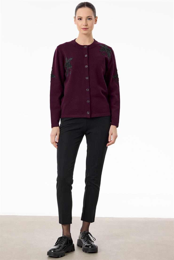 Çiçek Aplikeli Triko Hırka KIRMIZI