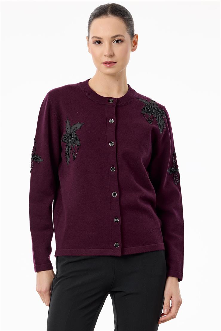 Çiçek Aplikeli Triko Hırka KIRMIZI