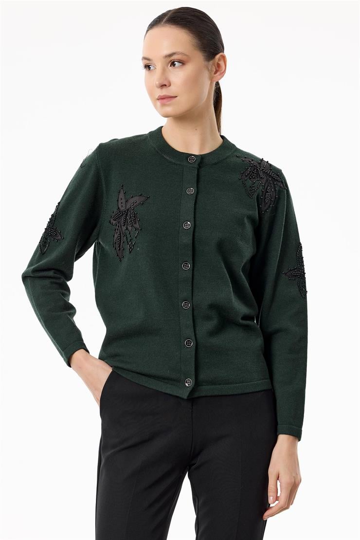 Çiçek Aplikeli Triko Hırka YEŞİL