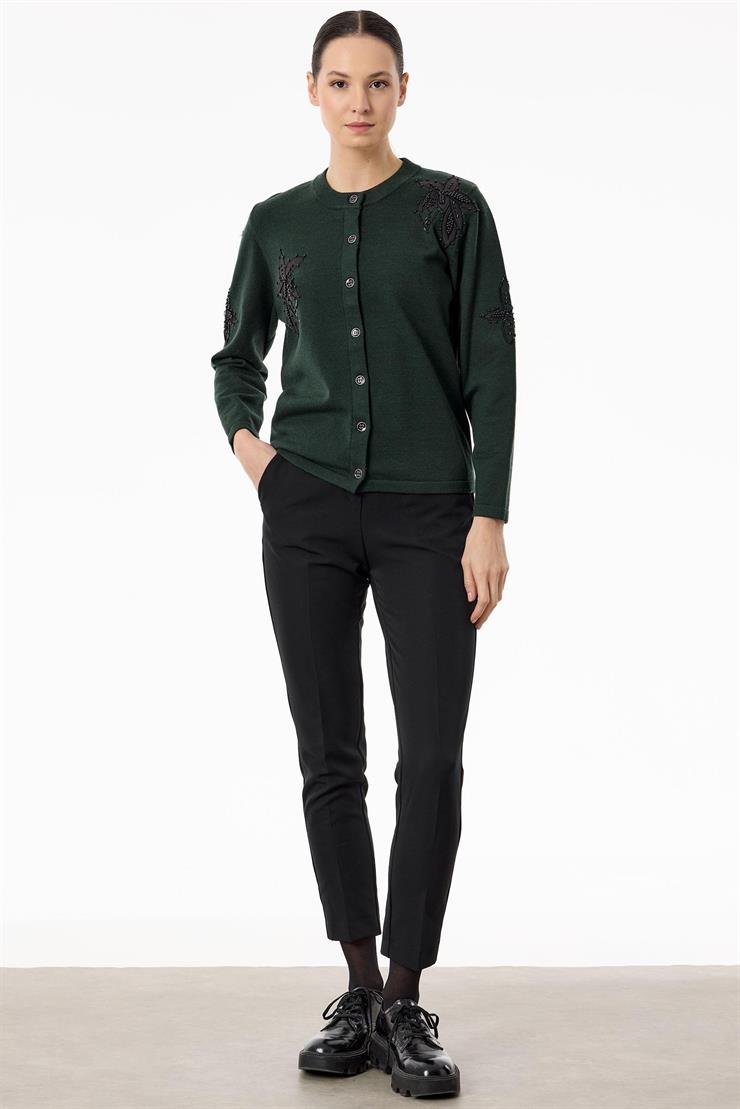 Çiçek Aplikeli Triko Hırka YEŞİL