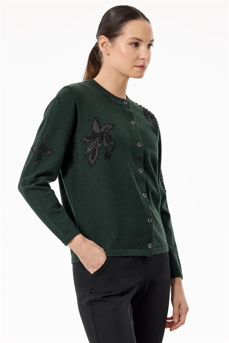 Çiçek Aplikeli Triko Hırka YEŞİL