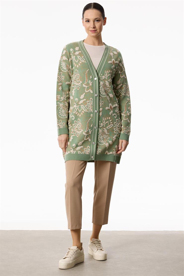 Çiçek Desenli Kabartmalı Triko Hırka ÇAĞLA YEŞİL