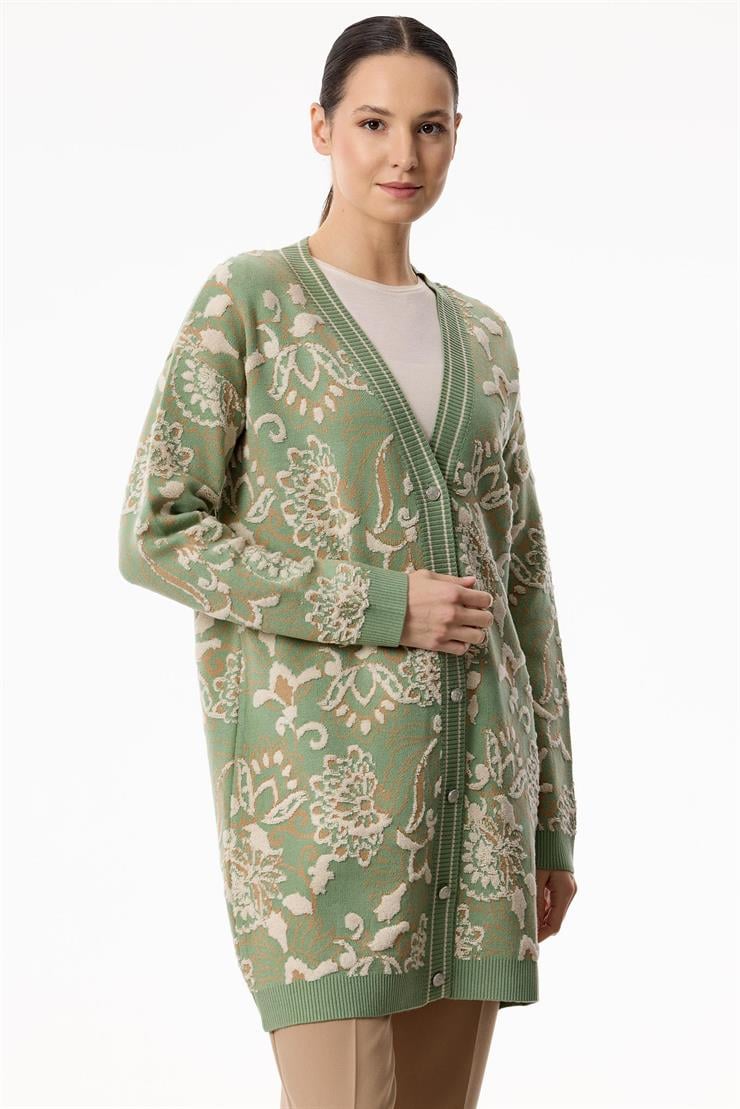 Çiçek Desenli Kabartmalı Triko Hırka ÇAĞLA YEŞİL