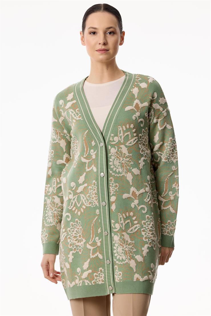 Çiçek Desenli Kabartmalı Triko Hırka ÇAĞLA YEŞİL