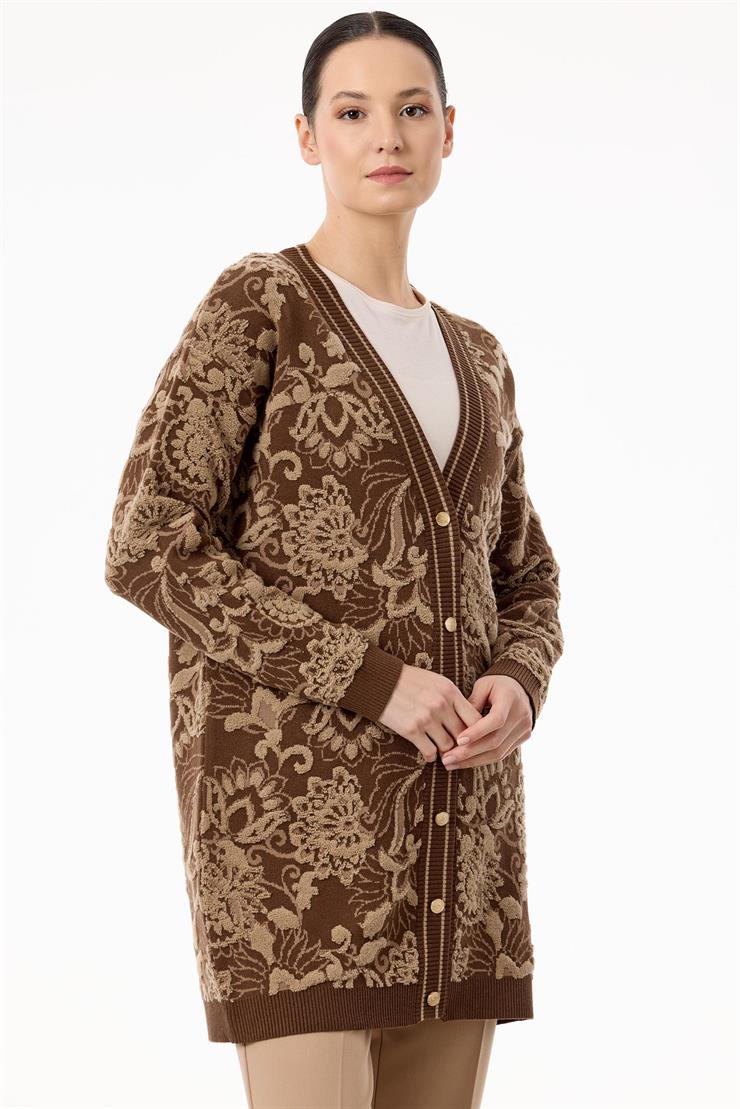 Çiçek Desenli Kabartmalı Triko Hırka KAHVE