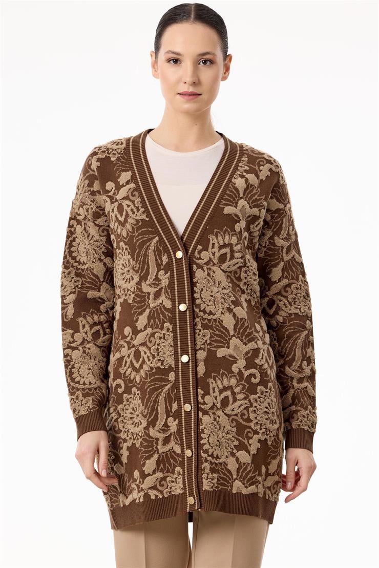 Çiçek Desenli Kabartmalı Triko Hırka KAHVE