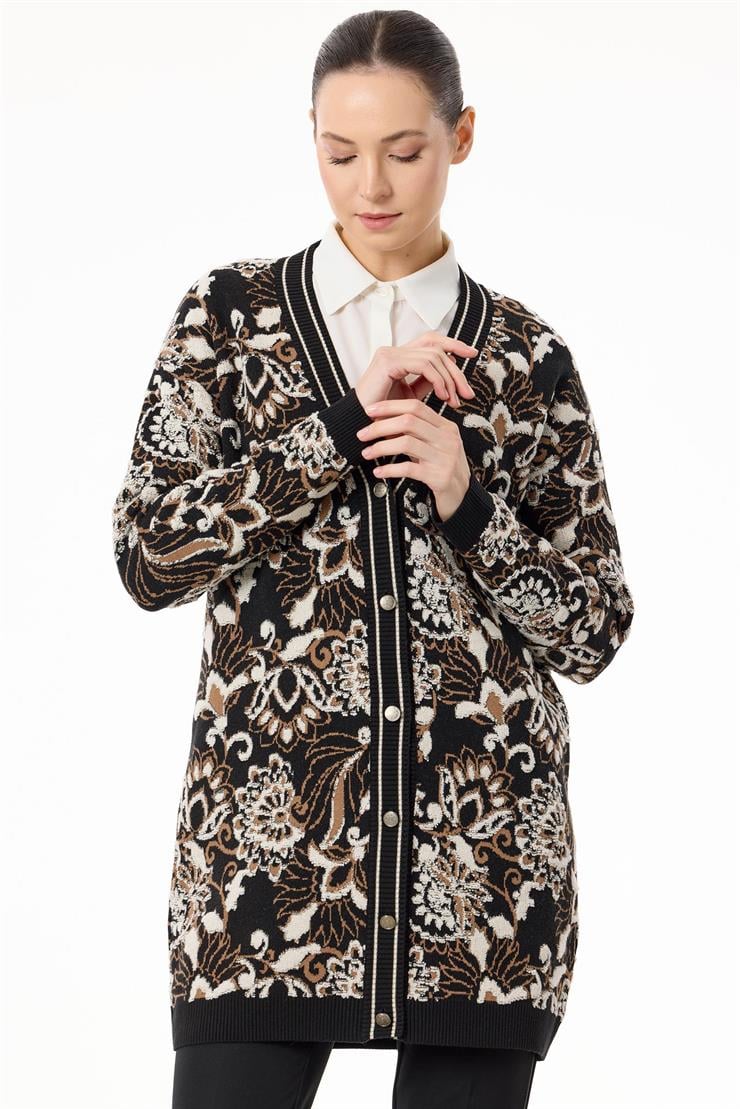 Çiçek Desenli Kabartmalı Triko Hırka SİYAH-BEJ