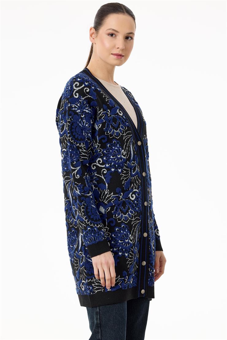 Çiçek Desenli Kabartmalı Triko Hırka SİYAHSAKS