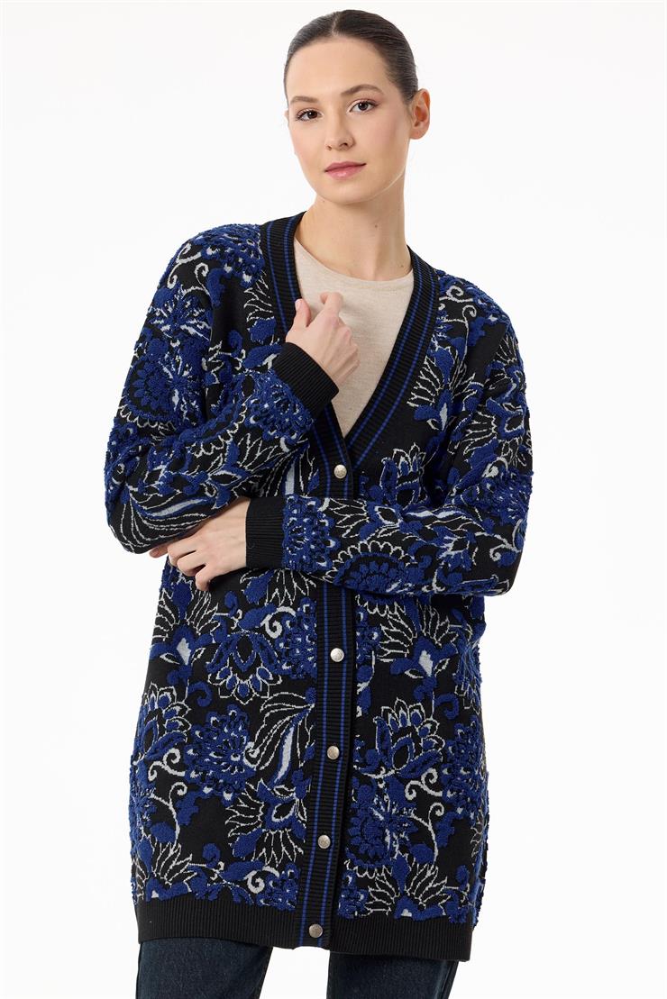 Çiçek Desenli Kabartmalı Triko Hırka SİYAHSAKS