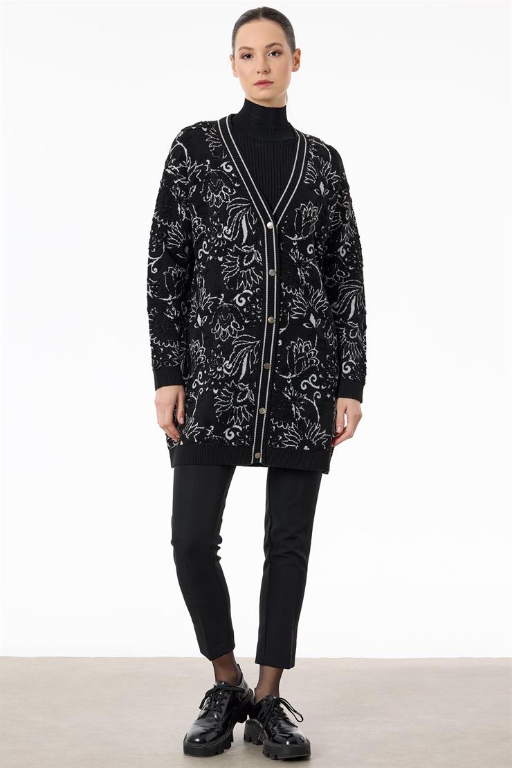 Çiçek Desenli Kabartmalı Triko Hırka SİYAH-A.GRİ