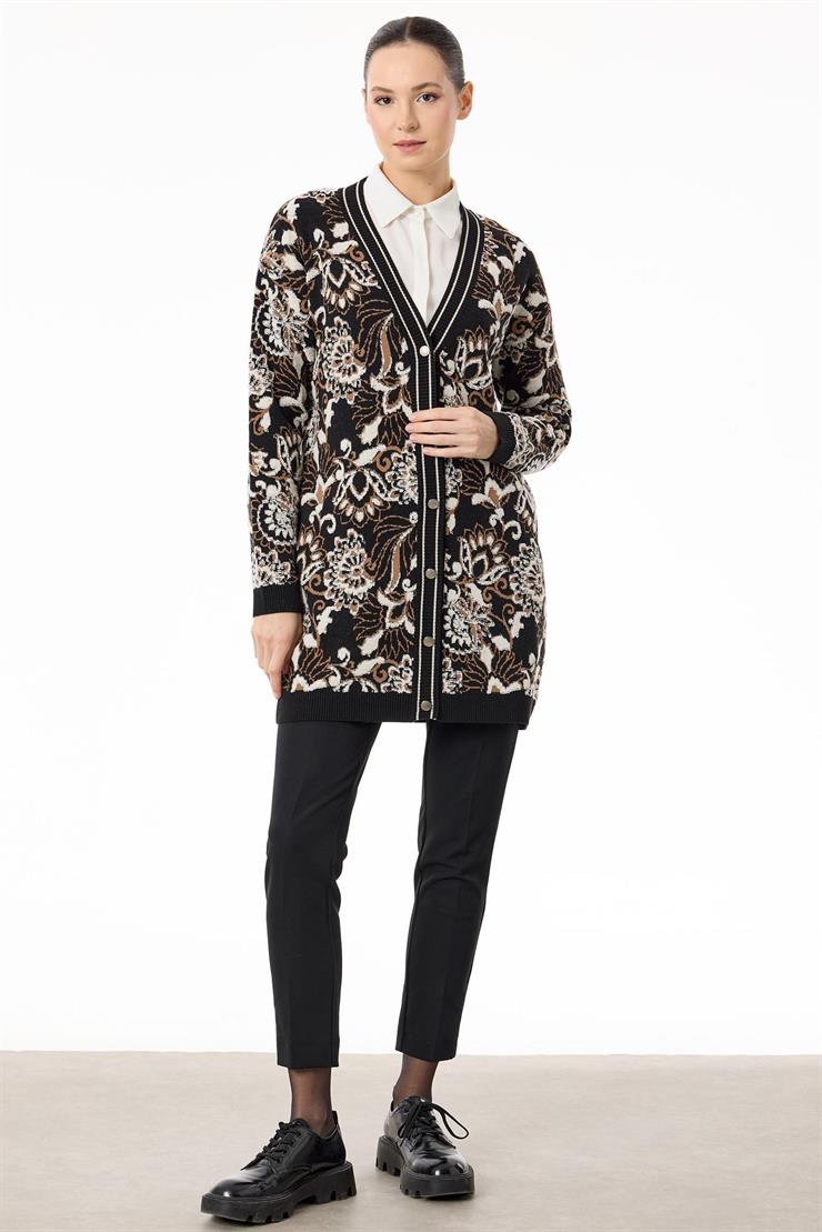 Çiçek Desenli Kabartmalı Triko Hırka SİYAH-BEJ