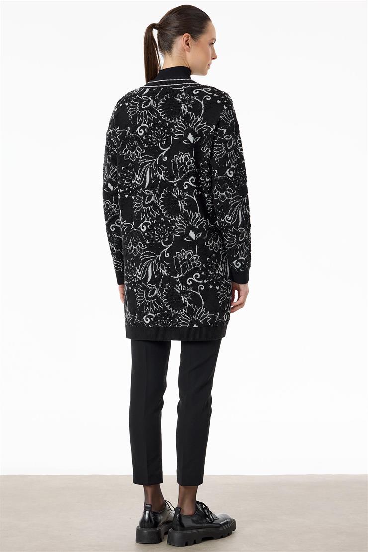 Çiçek Desenli Kabartmalı Triko Hırka SİYAH-A.GRİ