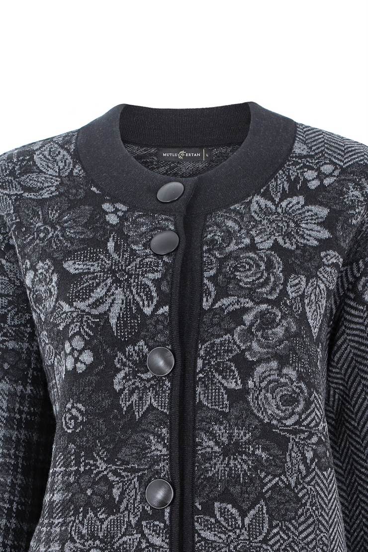 Çiçek Desenli Triko Hırka-Siyah-O.Gri-Antrasit