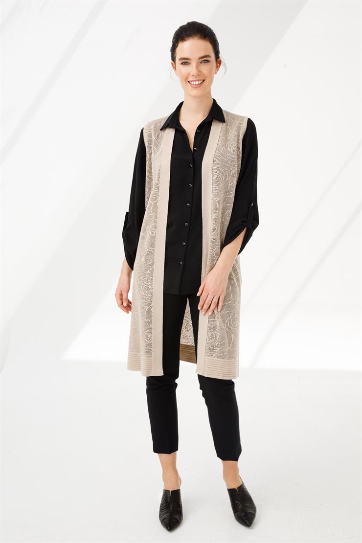 Çiçek Desenli Uzun Triko Yelek-Vizon