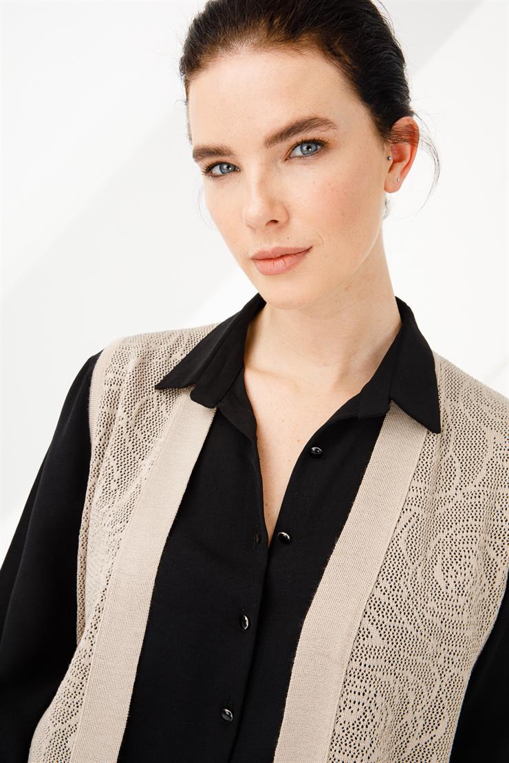 Çiçek Desenli Uzun Triko Yelek-Vizon