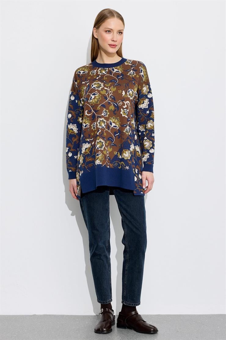 Çiçek Desenli Yandan Yırtmaçlı Tunik C.BLUE