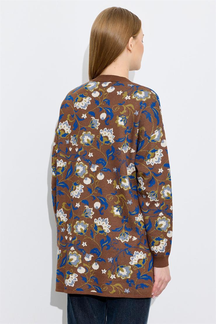 Çiçek Desenli Yandan Yırtmaçlı Tunik KAHVE