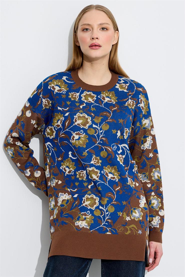 Çiçek Desenli Yandan Yırtmaçlı Tunik KAHVE