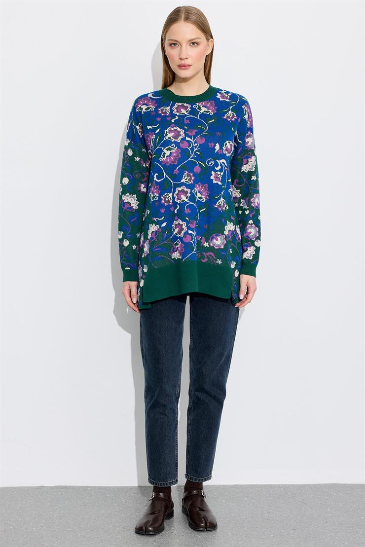 Çiçek Desenli Yandan Yırtmaçlı Tunik YEŞİL