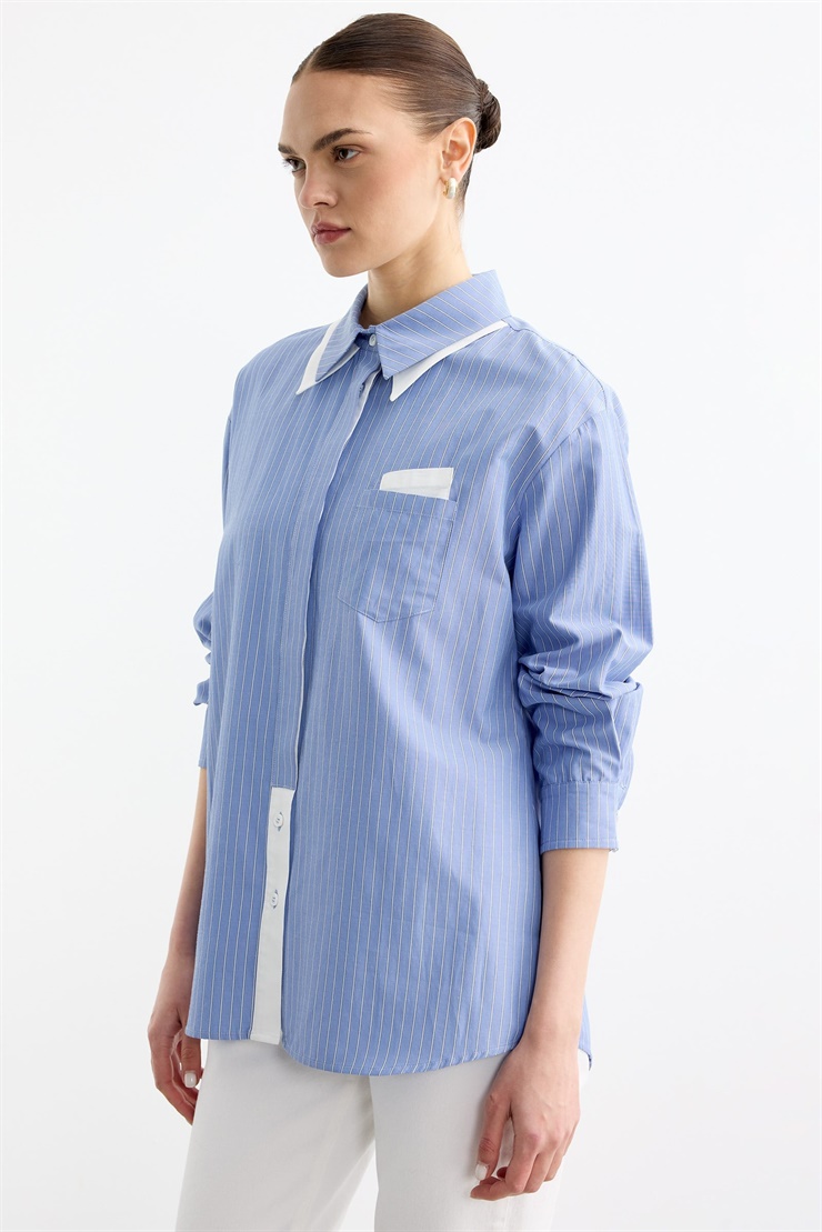Çift Cep ve Yaka Detaylı Pat Özellikli Çizgili Gömlek MAVİ