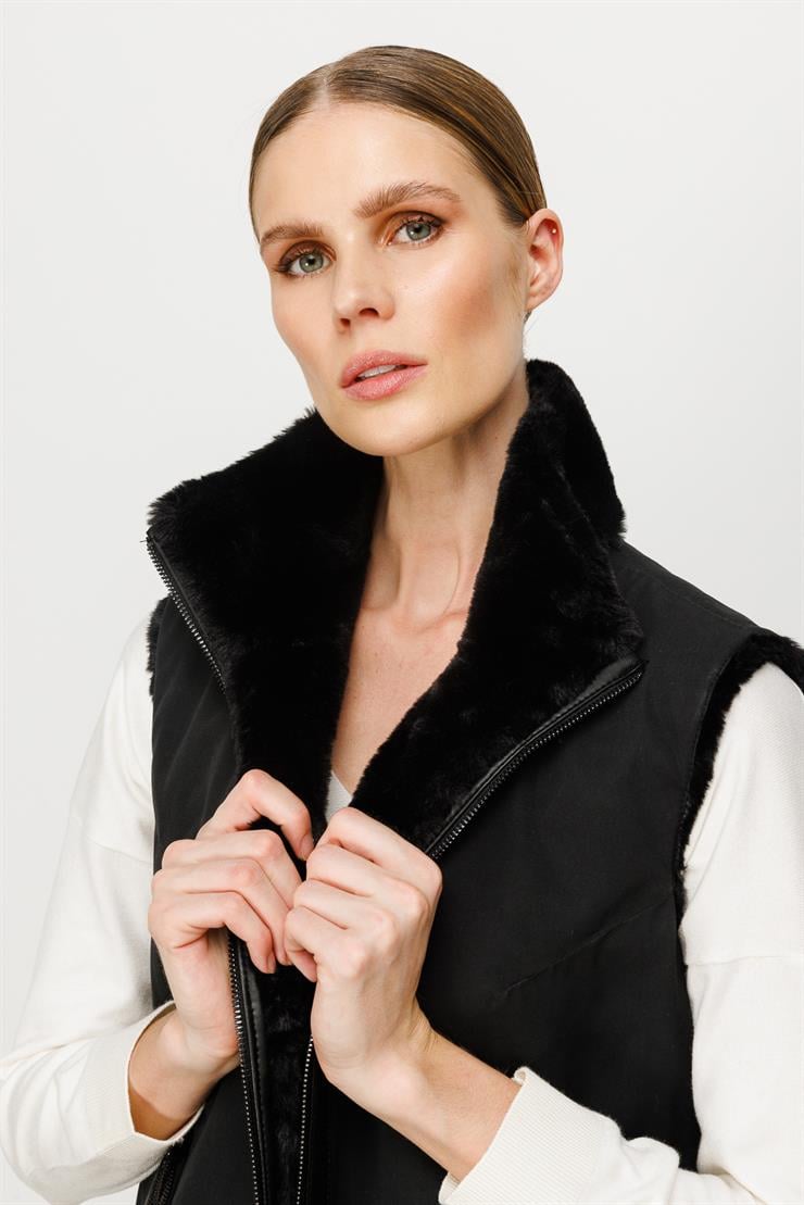 Çift Taraflı Peluş Yelek-SİYAH