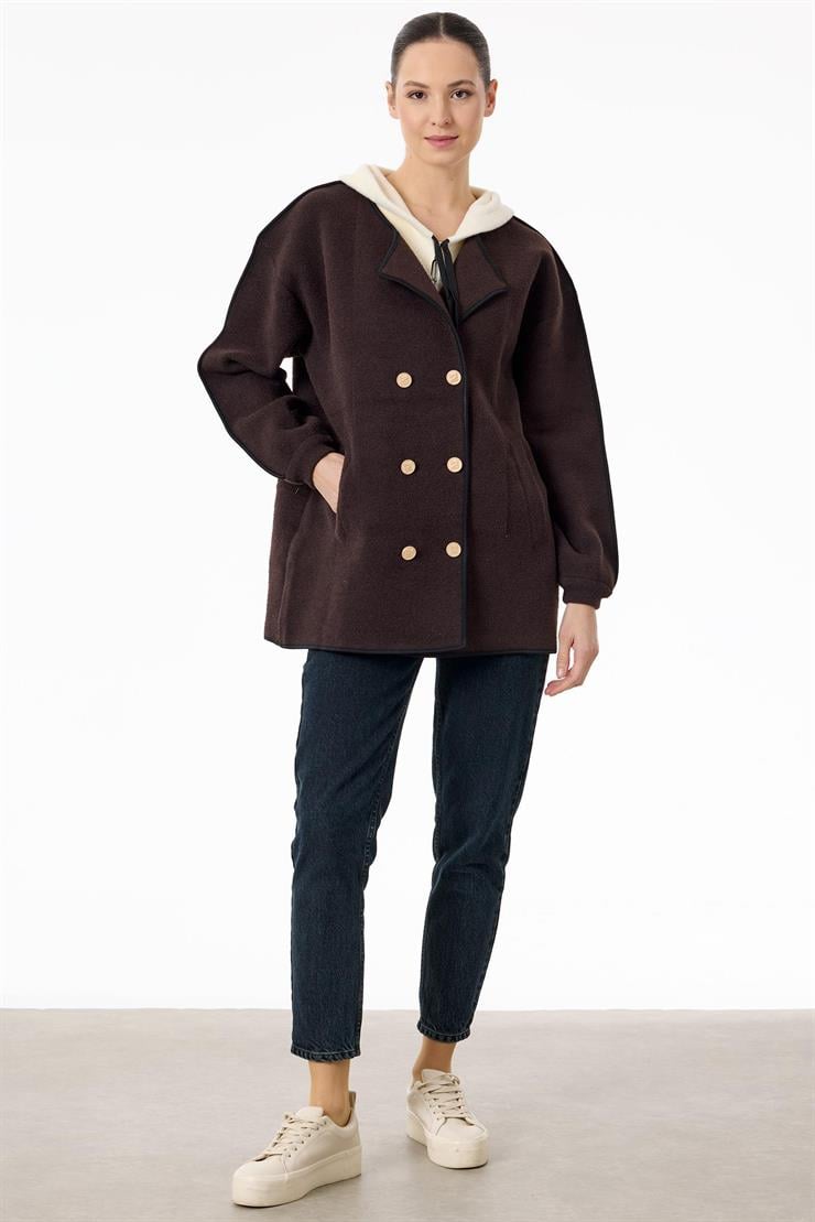 Çift Yaka Detaylı Triko Kaban KAHVE