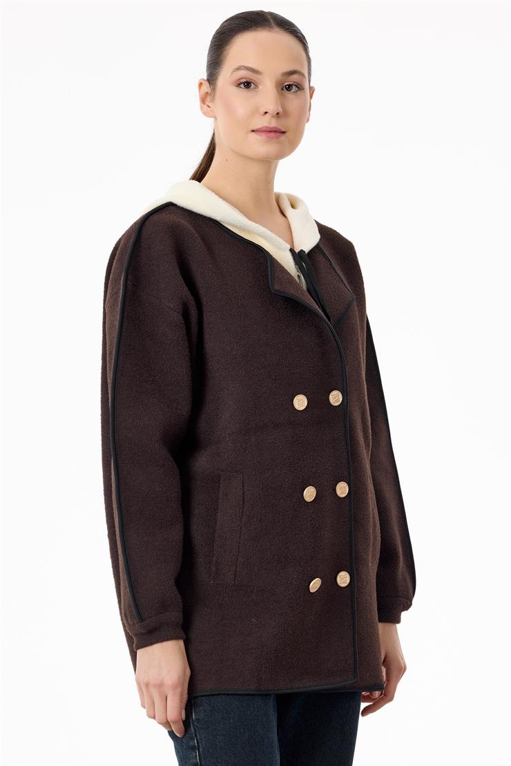 Çift Yaka Detaylı Triko Kaban KAHVE