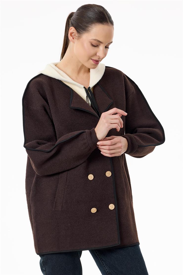 Çift Yaka Detaylı Triko Kaban KAHVE