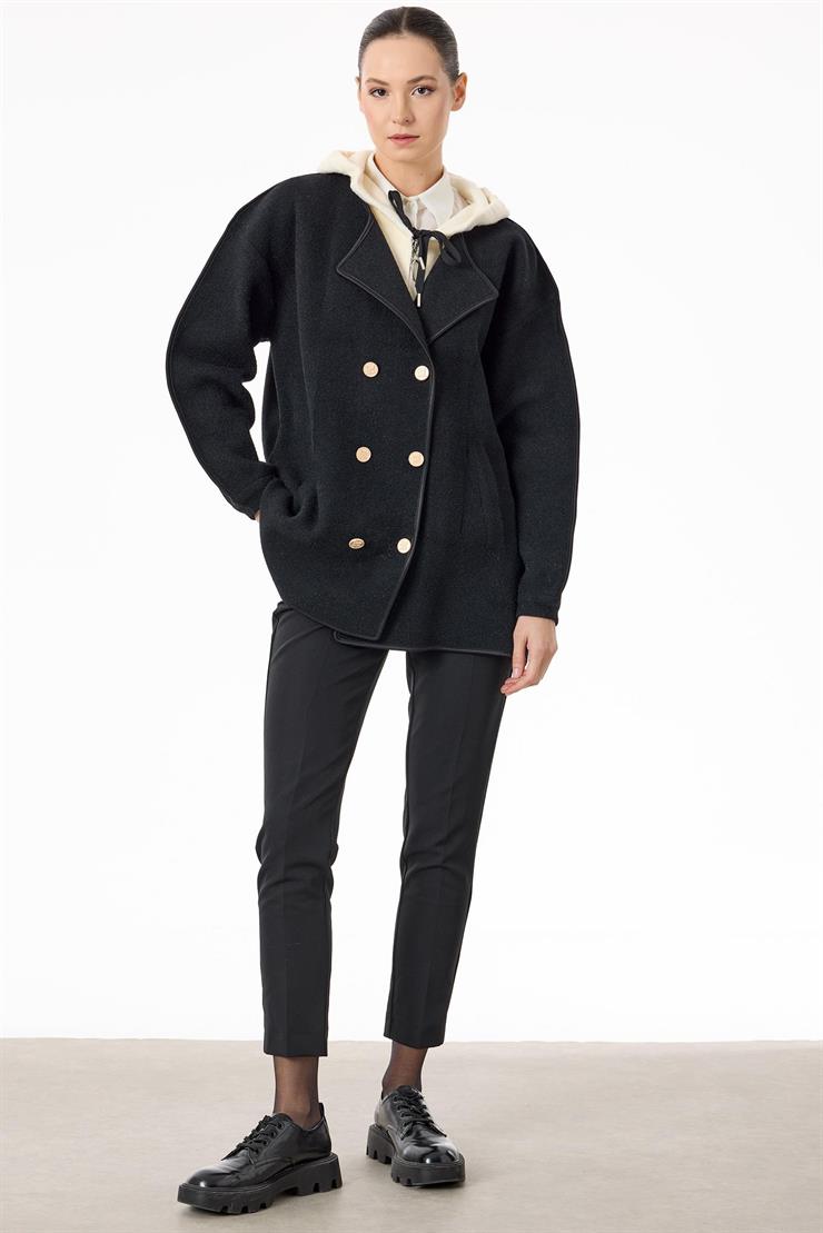 Çift Yaka Detaylı Triko Kaban SİYAH