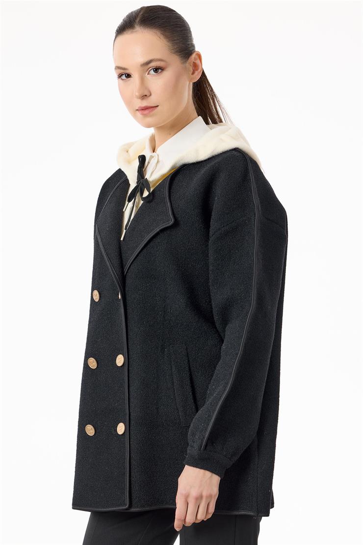 Çift Yaka Detaylı Triko Kaban SİYAH