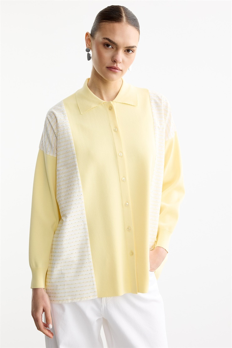 Çizgi Desenli Taşlı Kumaş Mixli Düğmeli Rayon Tunik SARI