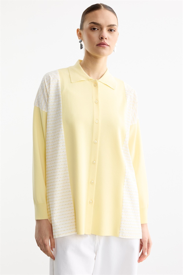 Çizgi Desenli Taşlı Kumaş Mixli Düğmeli Rayon Tunik SARI