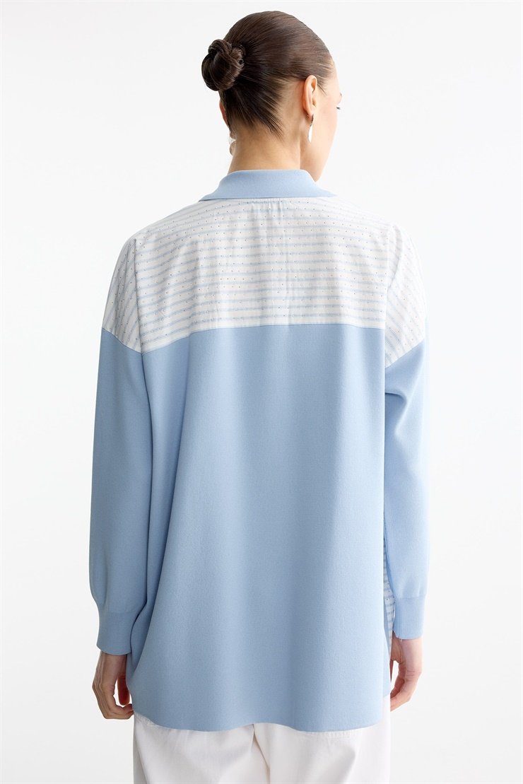 Çizgi Desenli Taşlı Kumaş Mixli Düğmeli Rayon Tunik MAVİ