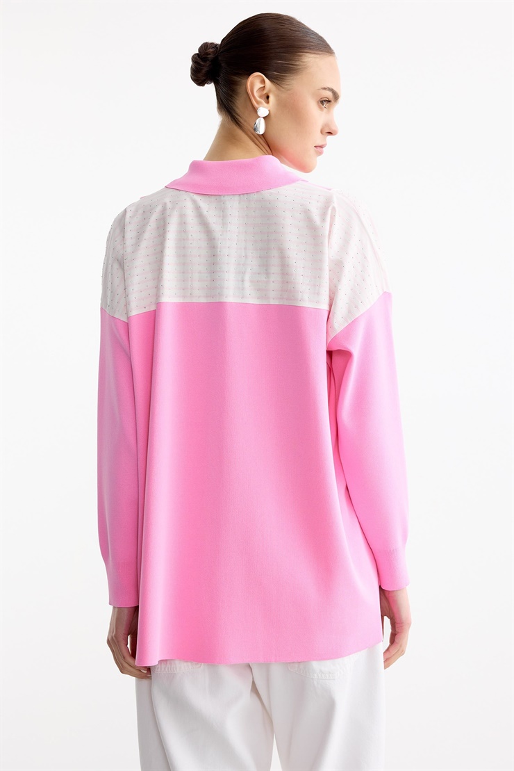 Çizgi Desenli Taşlı Kumaş Mixli Düğmeli Rayon Tunik AÇIK PEMBE