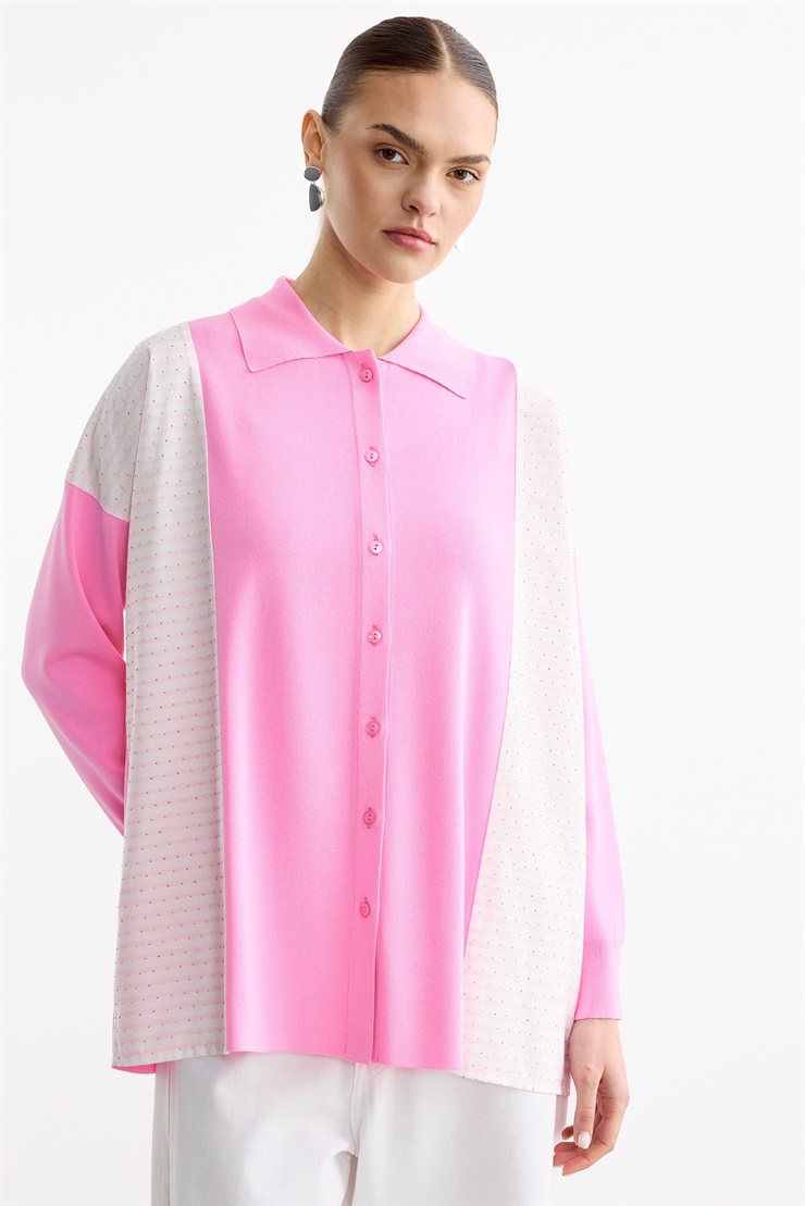 Çizgi Desenli Taşlı Kumaş Mixli Düğmeli Rayon Tunik AÇIK PEMBE