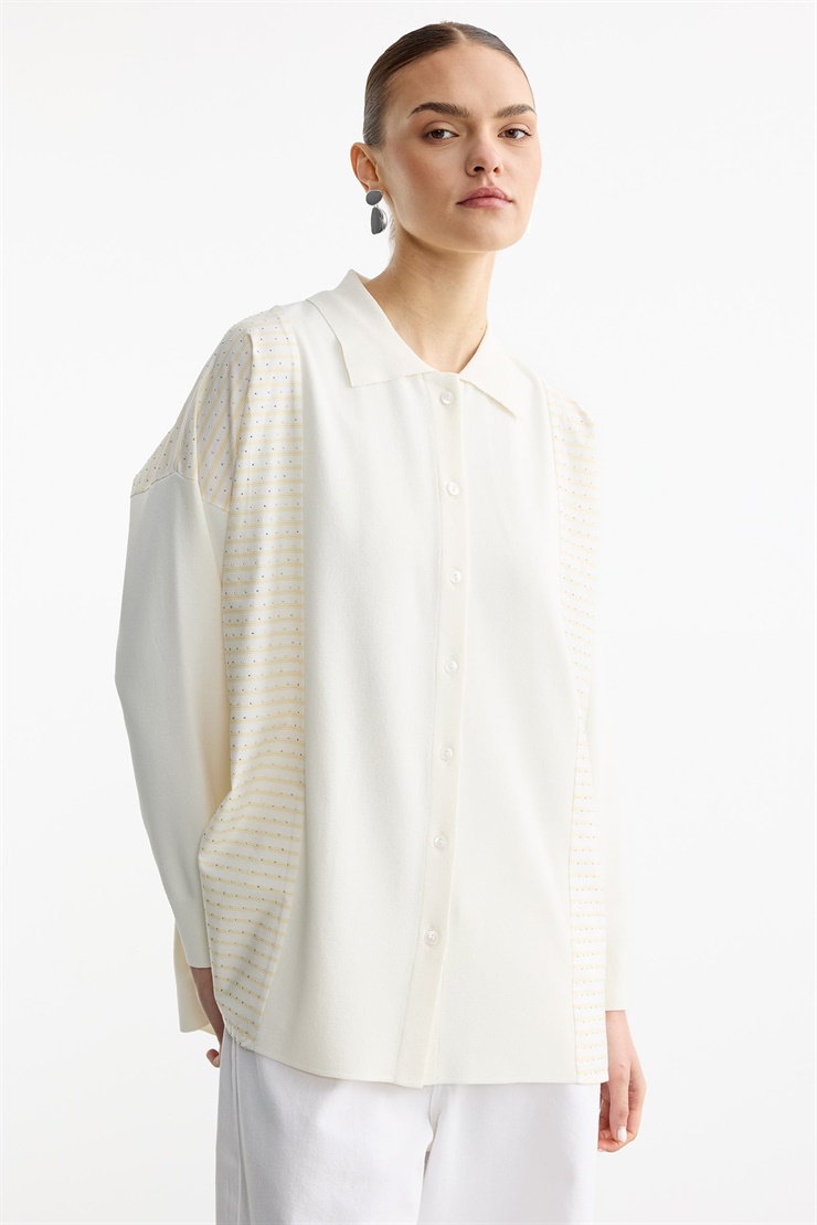 Çizgi Desenli Taşlı Kumaş Mixli Düğmeli Rayon Tunik EKRU