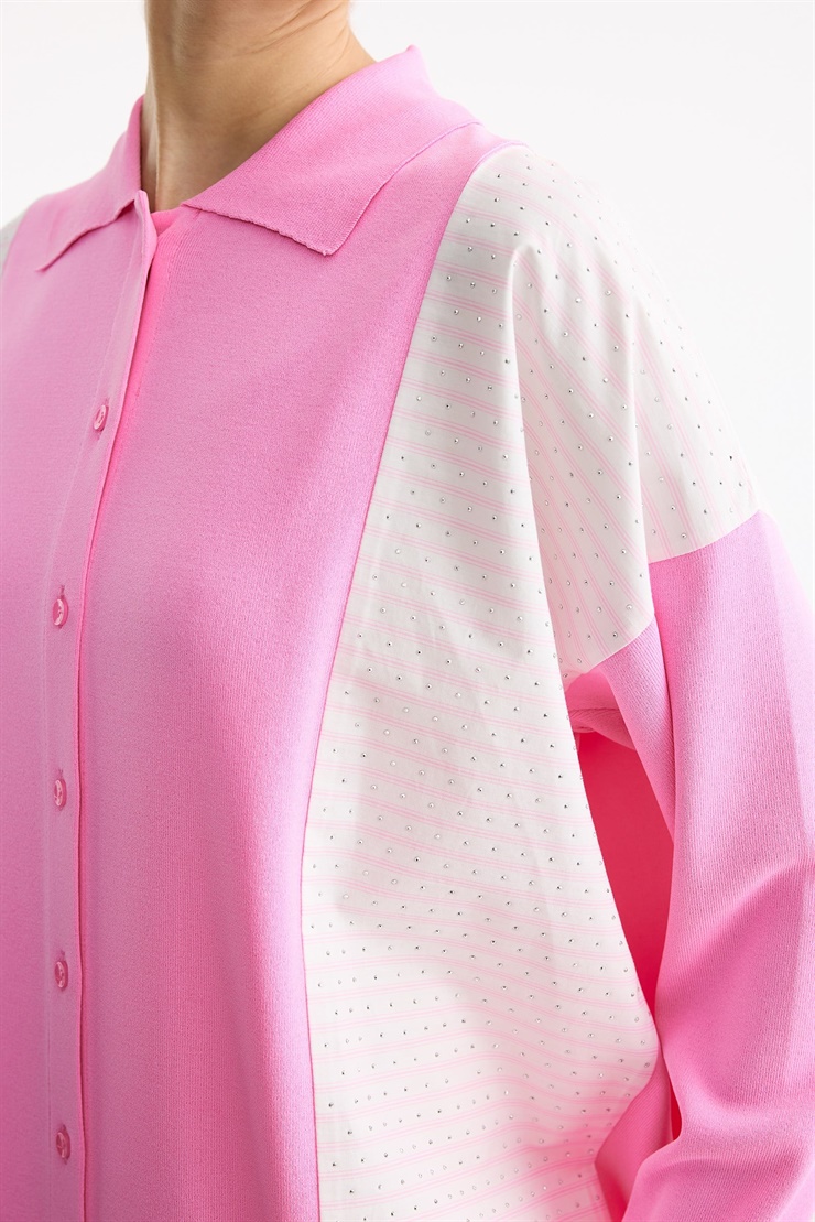 Çizgi Desenli Taşlı Kumaş Mixli Düğmeli Rayon Tunik AÇIK PEMBE
