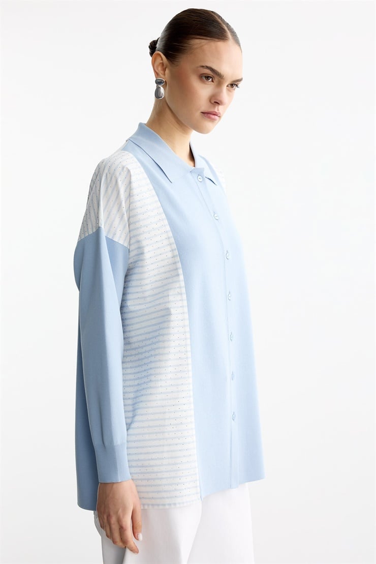 Çizgi Desenli Taşlı Kumaş Mixli Düğmeli Rayon Tunik MAVİ