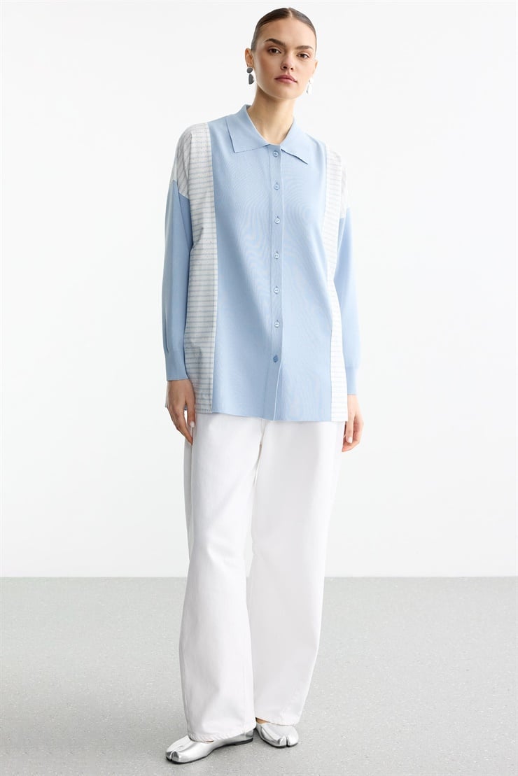 Çizgi Desenli Taşlı Kumaş Mixli Düğmeli Rayon Tunik MAVİ