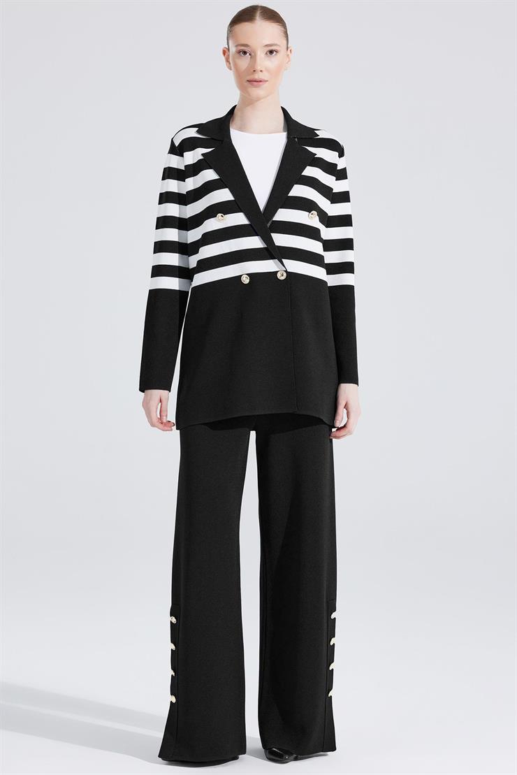 Çizgi Detaylı Rayon Takım SİYAH-EKRU