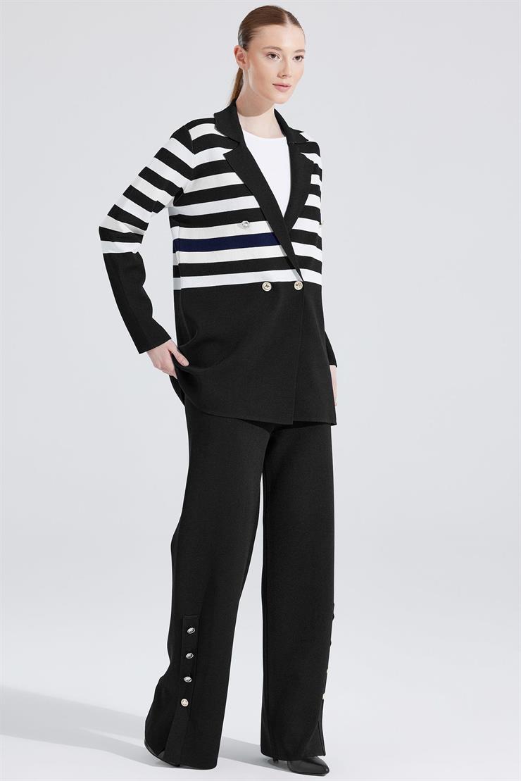 Çizgi Detaylı Rayon Takım SİYAH-EKRU