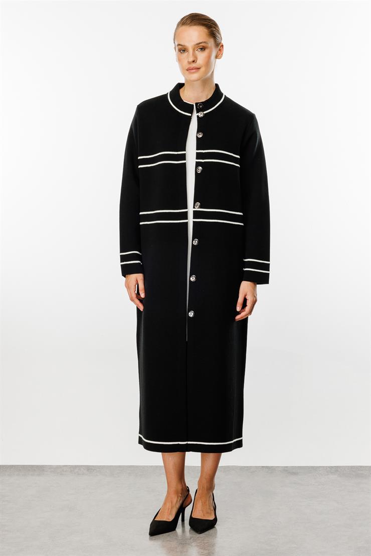 Çizgi Detaylı Sıfır Yaka Pardesü-Siyah-Ekru