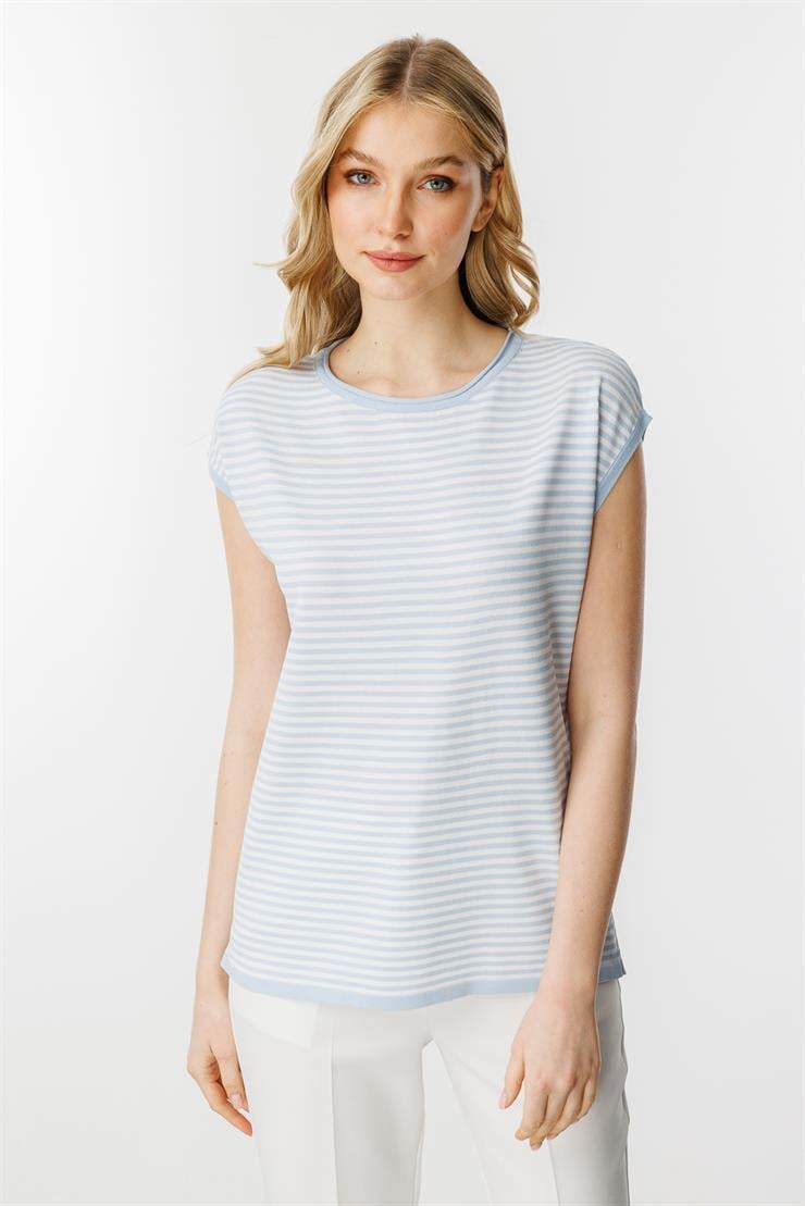 Çizgili Basic Triko Bluz-Mavi - Ekru