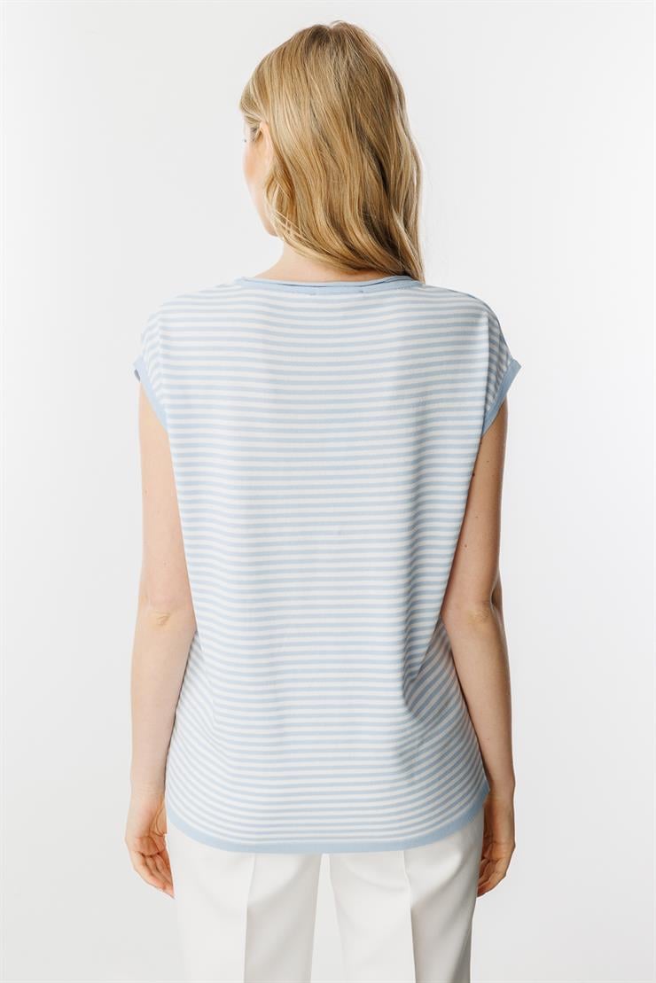 Çizgili Basic Triko Bluz-Mavi - Ekru